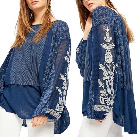 Free People Tops - Free People Indigo Dreams Printed Embroidered Top
